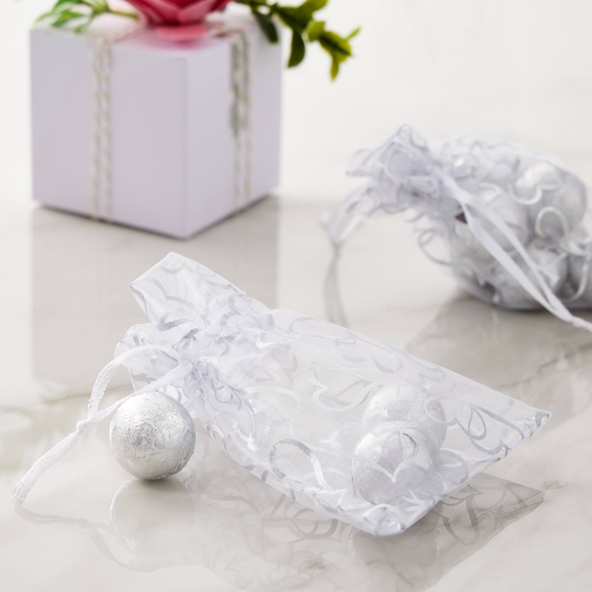 Silver Double Heart Organza Favor Bags by Celebrate It™ Occasions™, 12ct.